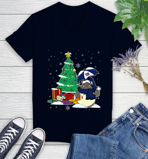 New York Giants NFL Football Cute Tonari No Totoro Christmas Sports Women's V-Neck T-Shirt 2