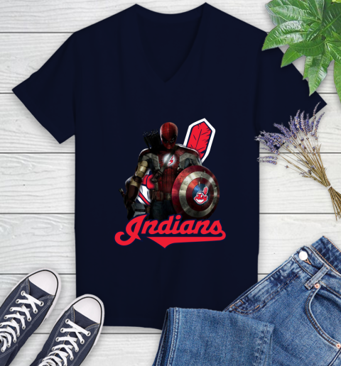 MLB Captain America Thor Spider Man Hawkeye Avengers Endgame Baseball Cleveland Indians Women's V-Neck T-Shirt 3