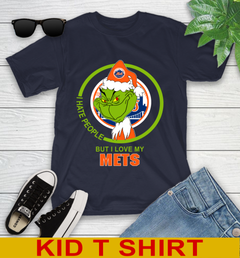 New York Mets MLB Christmas Grinch I Hate People But I Love My Favorite Baseball Team Youth T-Shirt 3