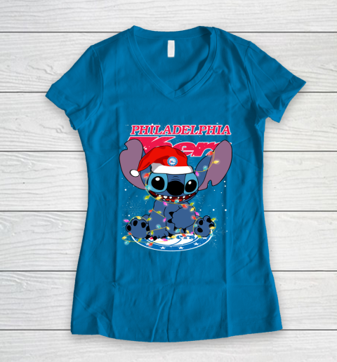 Philadelphia 76ers NBA noel stitch Basketball Christmas Women's V-Neck T-Shirt 4
