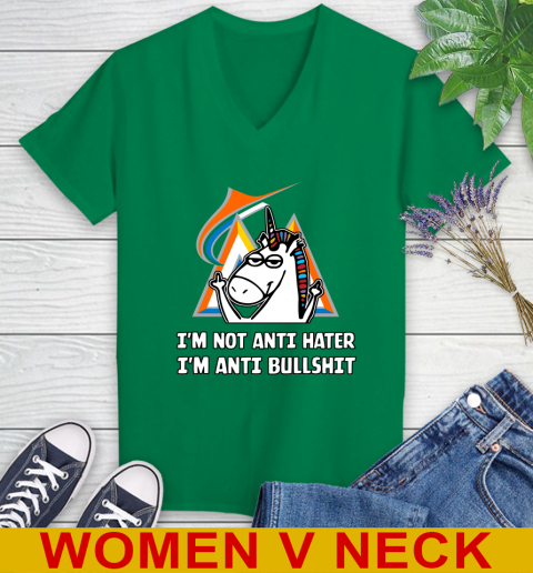 Miami Marlins MLB Baseball Unicorn I'm Not Anti Hater I'm Anti Bullshit Women's V-Neck T-Shirt 6