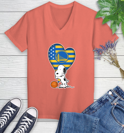 Golden State Warriors NBA Basketball The Peanuts Movie Adorable Snoopy Women's V-Neck T-Shirt 6