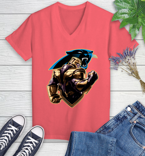 NFL Thanos Avengers Endgame Football Sports Carolina Panthers Women's V-Neck T-Shirt 6