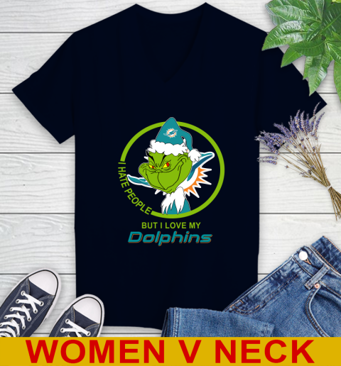 Miami Dolphins NFL Christmas Grinch I Hate People But I Love My Favorite Football Team Women's V-Neck T-Shirt 3