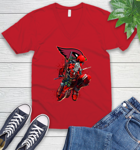 NFL Deadpool Marvel Comics Sports Football Arizona Cardinals V-Neck T-Shirt 7