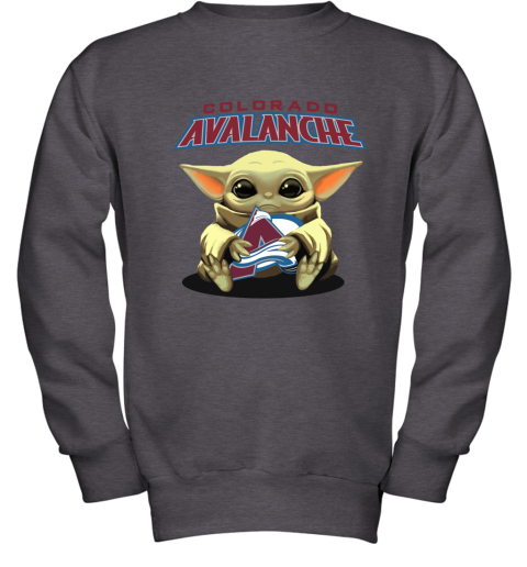 Baby Yoda Hugs The Colorado Avalanche Ice Hockey Youth Sweatshirt