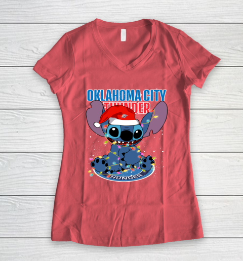 Oklahoma City Thunder NBA noel stitch Basketball Christmas Women's V-Neck T-Shirt 3
