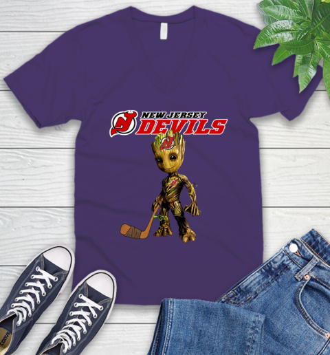 New Jersey Devils NHL Hockey Groot Marvel Guardians Of The Galaxy V-Neck T-Shirt 10