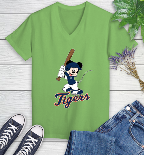 MLB Baseball Detroit Tigers Cheerful Mickey Mouse Shirt Women's V-Neck T-Shirt 9