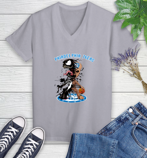 NBA Philadelphia 76ers Basketball Venom Groot Guardians Of The Galaxy Women's V-Neck T-Shirt 4