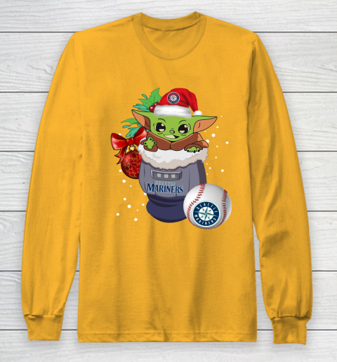 Seattle Mariners Christmas Baby Yoda Star Wars Funny Happy MLB Long Sleeve T-Shirt 3
