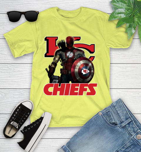 NFL Captain America Thor Spider Man Hawkeye Avengers Endgame Football Kansas City Chiefs Youth T-Shirt 8