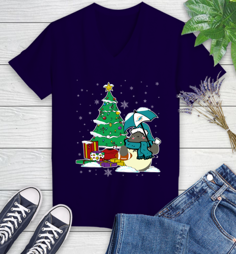 Miami Dolphins NFL Football Cute Tonari No Totoro Christmas Sports Women's V-Neck T-Shirt 3