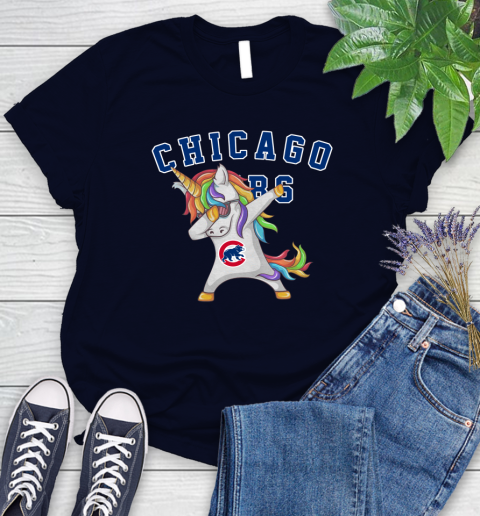 Chicago Cubs MLB Baseball Funny Unicorn Dabbing Sports Women's T-Shirt 3