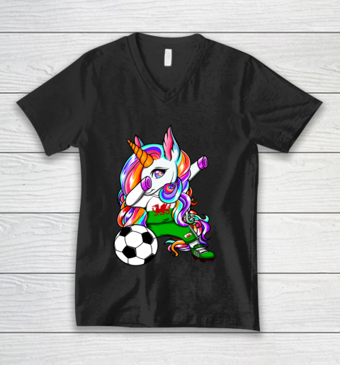Dabbing Unicorn Wales Soccer Fan Jersey Welsh Football Lover V-Neck T-Shirt