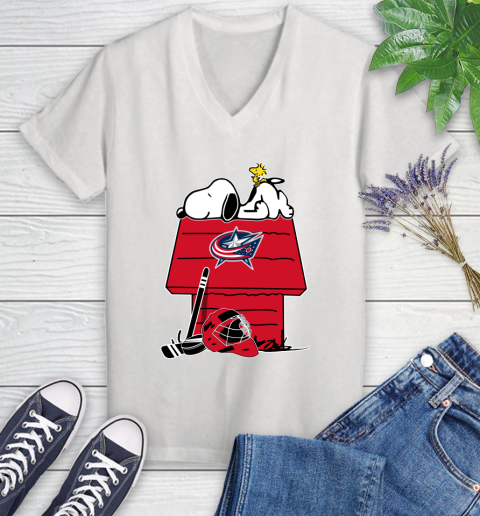 Columbus Blue Jackets NHL Hockey Snoopy Woodstock The Peanuts Movie Women's V-Neck T-Shirt