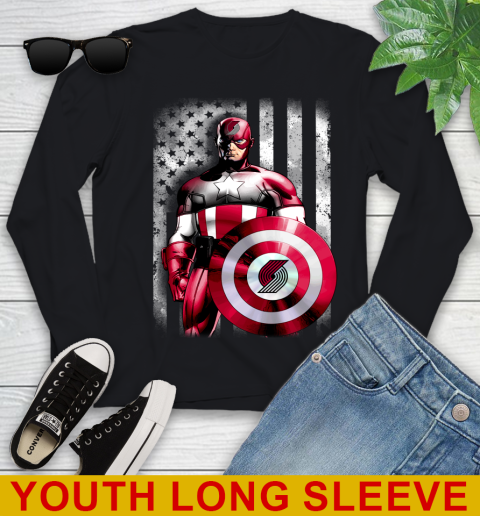 Portland Trail Blazers NBA Basketball Captain America Marvel Avengers American Flag Shirt Youth Long Sleeve
