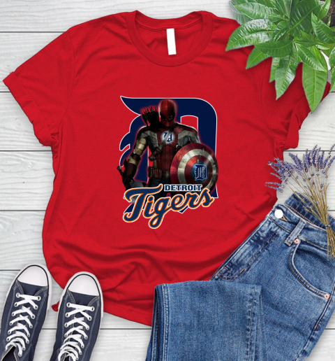 MLB Captain America Thor Spider Man Hawkeye Avengers Endgame Baseball Detroit Tigers Women's T-Shirt 9