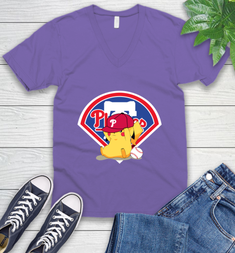 MLB Pikachu Baseball Sports Philadelphia Phillies V-Neck T-Shirt 9
