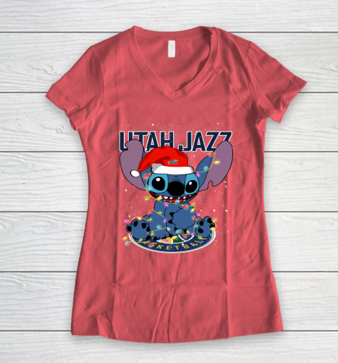 Utah Jazz NBA noel stitch Basketball Christmas Women's V-Neck T-Shirt 3