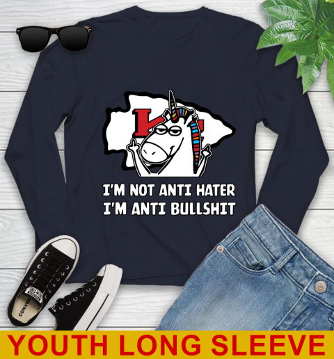 Kansas City Chiefs NFL Football Unicorn I'm Not Anti Hater I'm Anti Bullshit Youth Long Sleeve 3