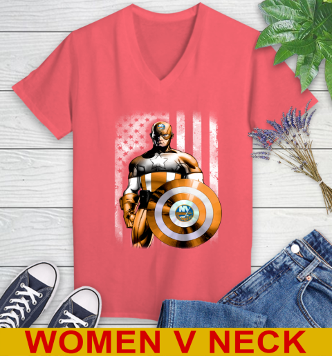 New York Islanders NHL Hockey Captain America Marvel Avengers American Flag Shirt Women's V-Neck T-Shirt 6