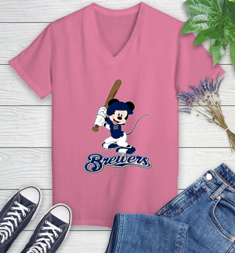 MLB Baseball Milwaukee Brewers Cheerful Mickey Mouse Shirt Women's V-Neck T-Shirt 11
