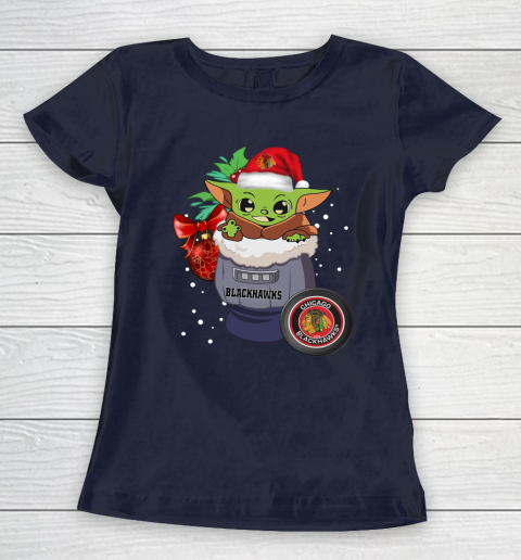 Chicago Blackhawks Christmas Baby Yoda Star Wars Funny Happy NHL Women's T-Shirt 4