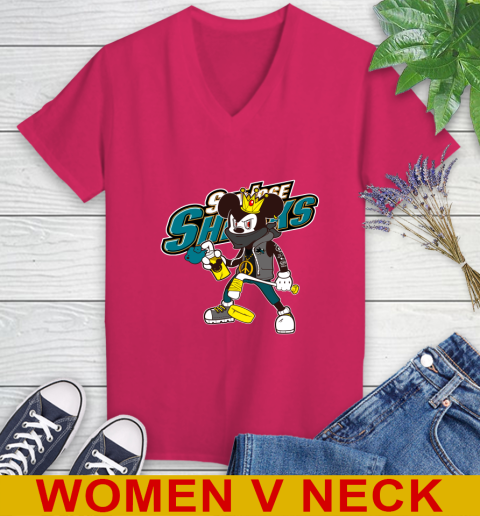 San Jose Sharks NHL Hockey Mickey Peace Sign Sports Women's V-Neck T-Shirt 10