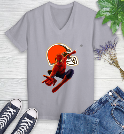 NFL Spider Man Avengers Endgame Football Cleveland Browns Women's V-Neck T-Shirt 4