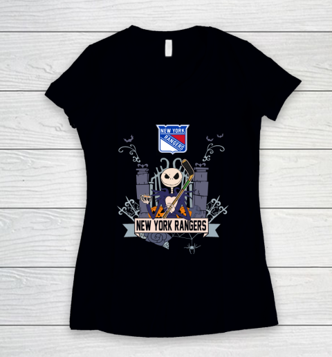 NHL New York Rangers Hockey Jack Skellington Halloween Women's V-Neck T-Shirt