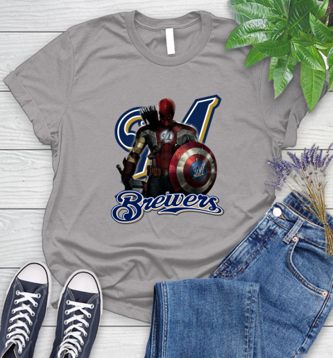 MLB Captain America Thor Spider Man Hawkeye Avengers Endgame Baseball Milwaukee Brewers Women's T-Shirt 5