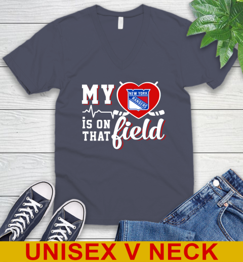 NHL My Heart Is On That Field Hockey Sports New York Rangers V-Neck T-Shirt 7