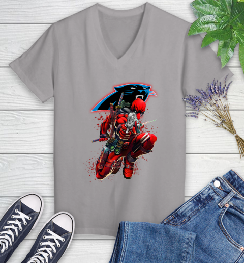 NFL Deadpool Marvel Comics Sports Football Carolina Panthers Women's V-Neck T-Shirt 4