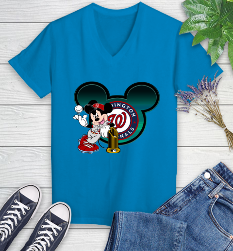 MLB Washington Nationals The Commissioner's Trophy Mickey Mouse Disney Women's V-Neck T-Shirt 7