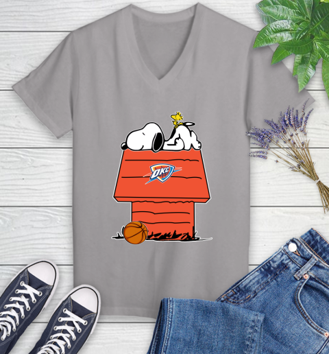 Oklahoma City Thunder NBA Basketball Snoopy Woodstock The Peanuts Movie Women's V-Neck T-Shirt 4