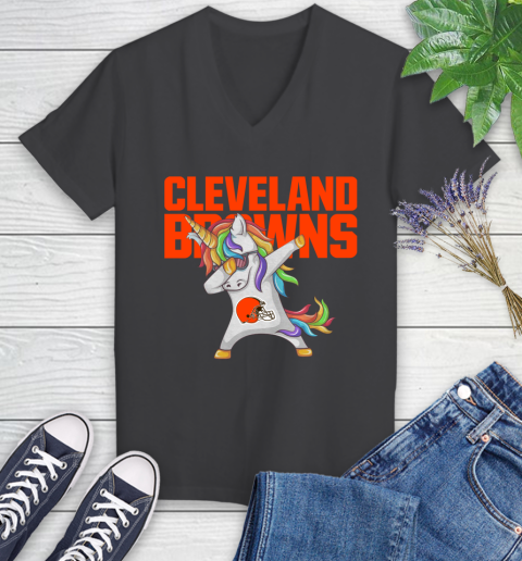 Cleveland Browns NFL Football Funny Unicorn Dabbing Sports Women's V-Neck T-Shirt 8