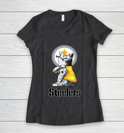 NFL Football My Cat Loves Pittsburgh Steelers Women's V-Neck T-Shirt 6