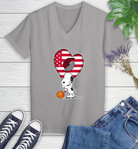 Portland Trail Blazers NBA Basketball The Peanuts Movie Adorable Snoopy Women's V-Neck T-Shirt 4