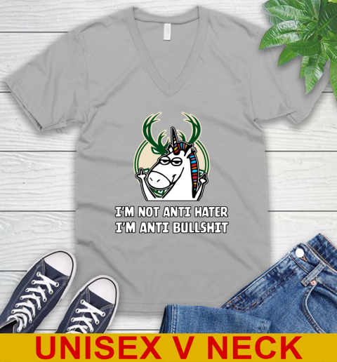 Milwaukee Bucks NBA Basketball Unicorn I'm Not Anti Hater I'm Anti Bullshit V-Neck T-Shirt 4