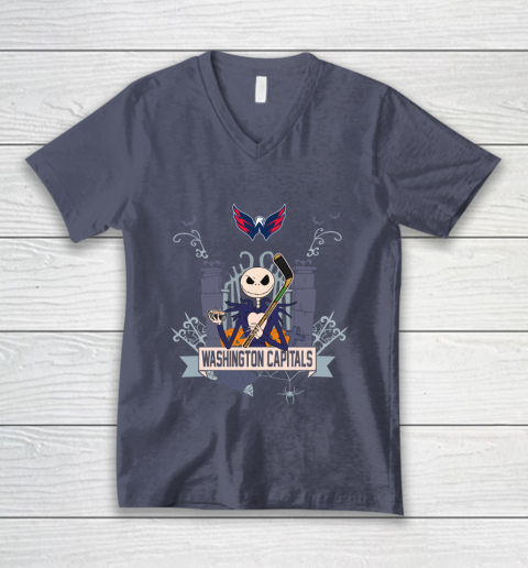 NHL Washington Capitals Hockey Jack Skellington Halloween V-Neck T-Shirt 7