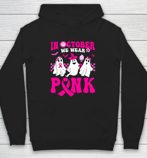 In October We Wear Pink Ghosts And Groovy Breast Cancer Hoodie
