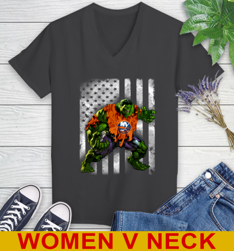 New York Islanders Hulk Marvel Avengers NHL Hockey American Flag Women's V-Neck T-Shirt 8