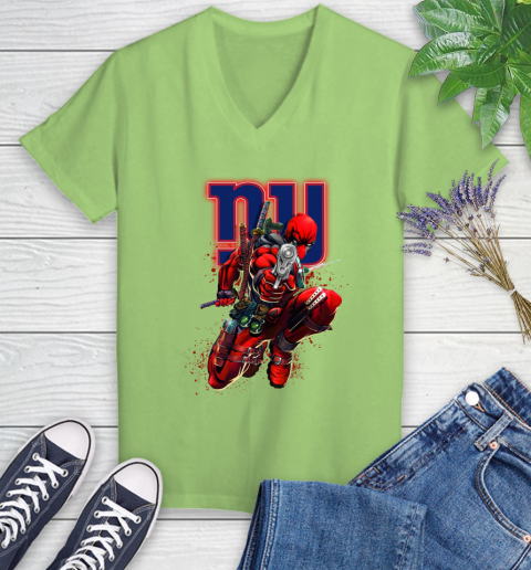 NFL Deadpool Marvel Comics Sports Football New York Giants Women's V-Neck T-Shirt 11
