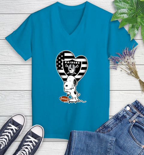 Oakland Raiders NFL Football The Peanuts Movie Adorable Snoopy Women's V-Neck T-Shirt 7