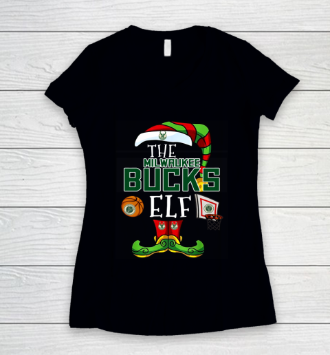 Milwaukee Bucks Christmas ELF Funny NBA Women's V-Neck T-Shirt