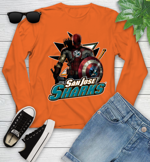 NHL Captain America Thor Spider Man Hawkeye Avengers Endgame Hockey San Jose Sharks Youth Long Sleeve 4