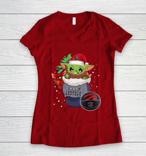 Toronto Raptors Christmas Baby Yoda Star Wars Funny Happy NBA Women's V-Neck T-Shirt 10