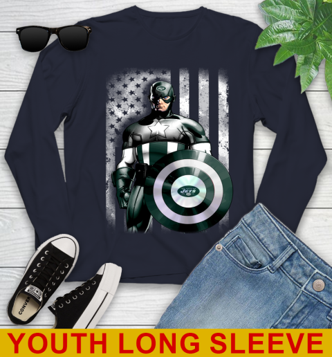 New York Jets NFL Football Captain America Marvel Avengers American Flag Shirt Youth Long Sleeve 2