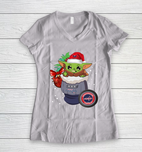 Washington Capitals Christmas Baby Yoda Star Wars Funny Happy NHL Women's V-Neck T-Shirt 2